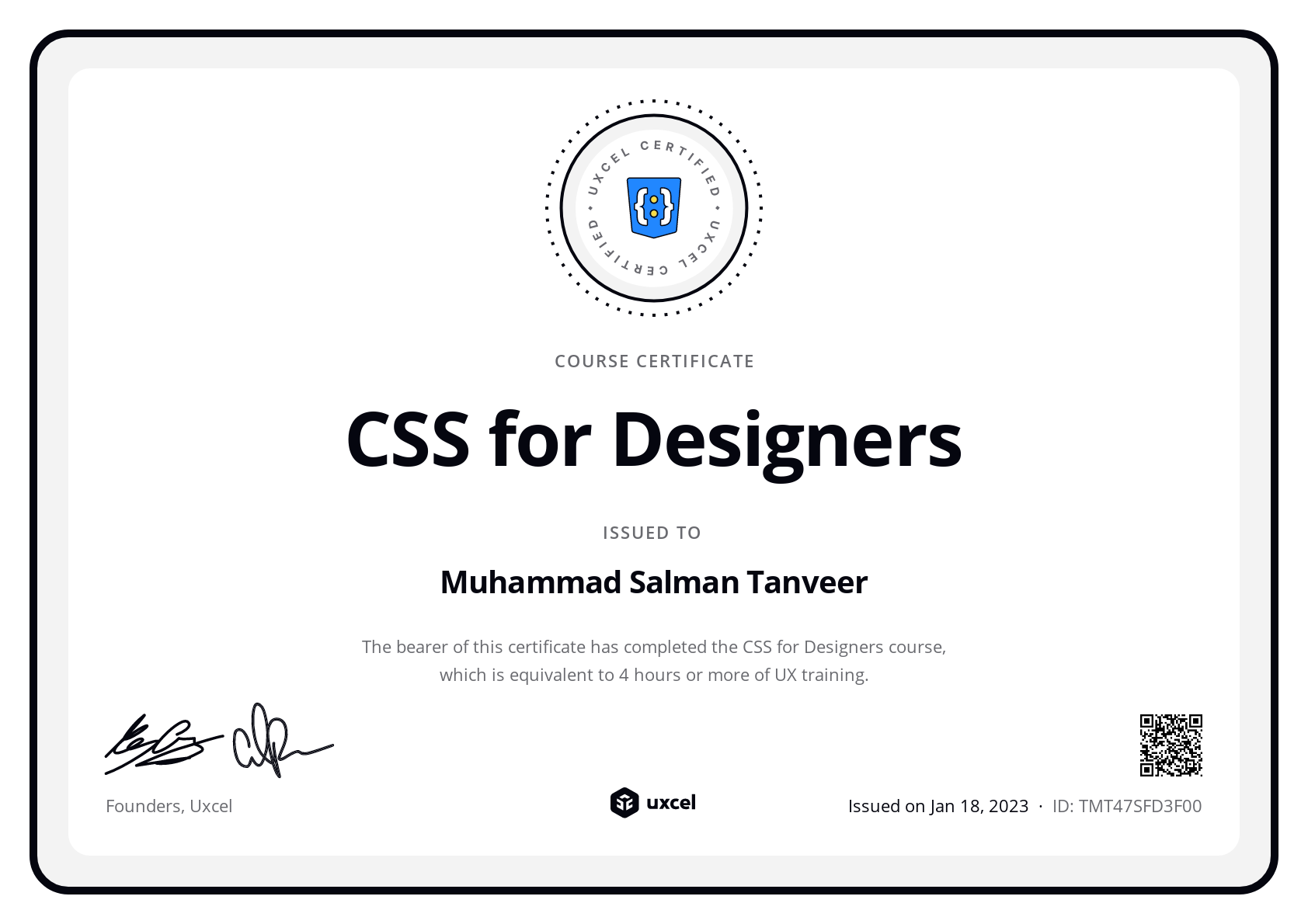 Muhammad Salman Tanveer's certificate